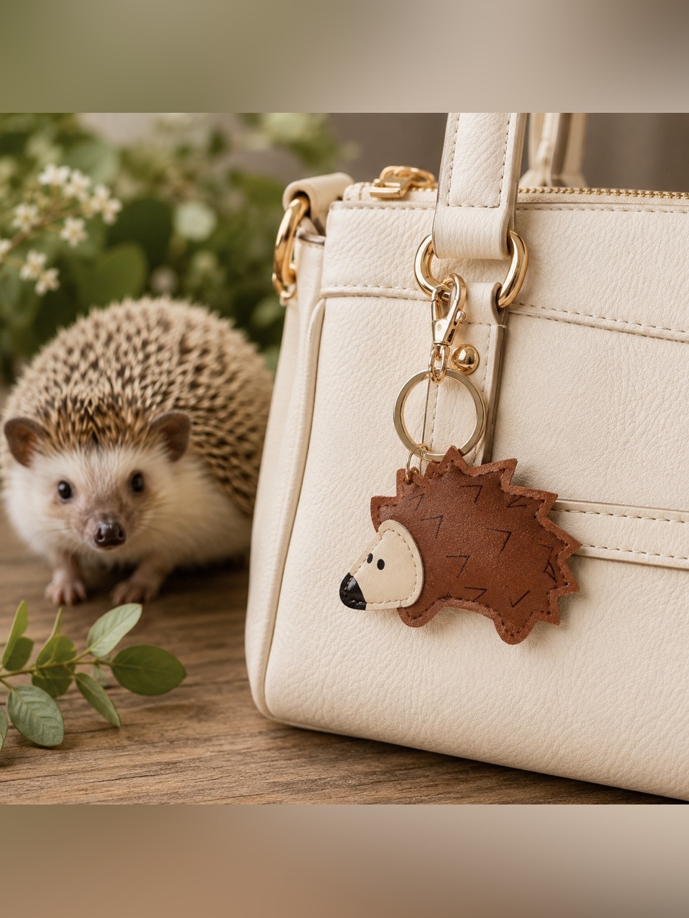 Cute Hedgehog Faux Leather Keychain Bag Charm Brown Woodland Animal